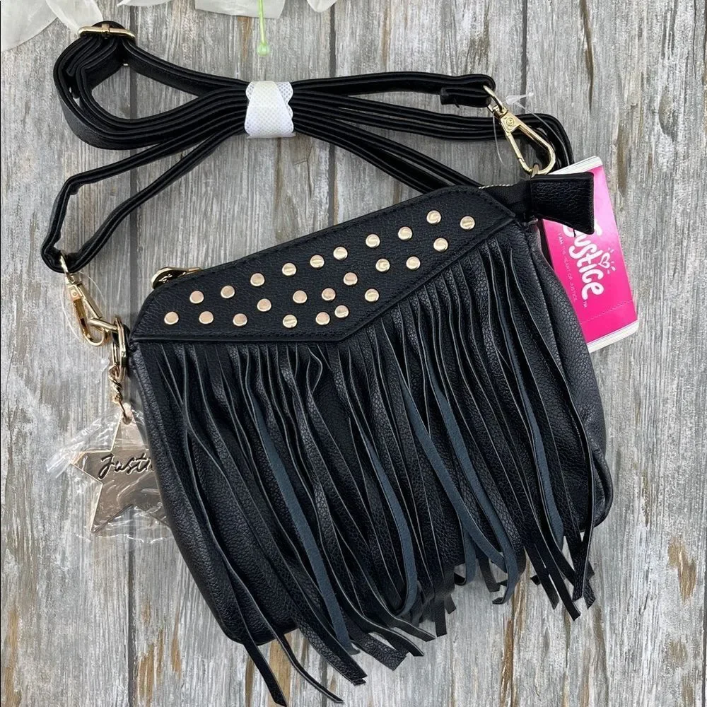 Justice Girls Fringe Crossbody Bag Purse Black